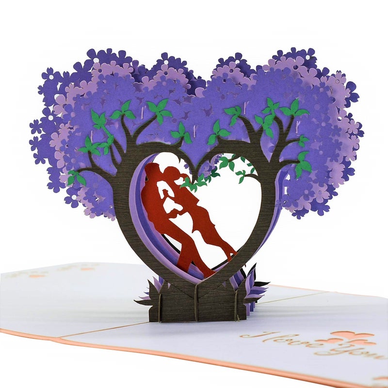 CUTE POPUP Anniversary 3D Pop Up Card Couple and Heart Tree Design - Valentine's Day, Anniversary for Lover - Comes with Shining Envelope (6x6 inches) - Image 1